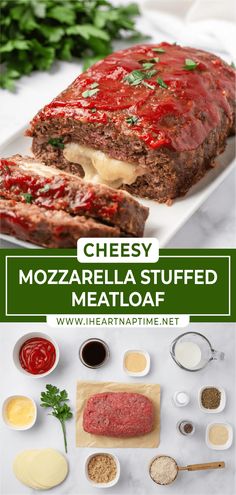 cheesey mozzarella stuffed meatloaf with sauces and herbs on the side