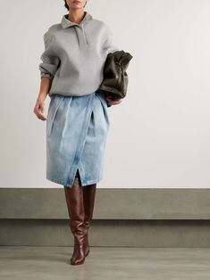 DRIES VAN NOTEN Pleated denim midi skirt Pleated Denim, Designer Skirts, Fall 24, Denim Midi Skirt, Special Thanks, Light Blue Denim, Dries Van Noten, Skirt Design, Ski Wear