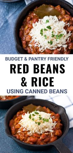 red beans and rice in a cast iron skillet with text overlay reading budget & pantry friendly red beans and rice using canned beans