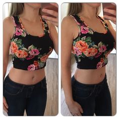 Pretty Pink Floral Racerback Crop Tank ! Wear With High Waisted Skirt Or Jeans As Well! Stretch Floral Print Crop Top For Day Out, Black Floral Print Sleeveless Crop Top, Fitted Black Floral Print Crop Top, Floral Crop Tops, Pretty Pink, Crop Tank, Black Floral, Pretty In Pink, Pink Floral