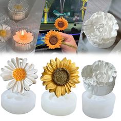 the sunflowers are placed in vases with candles