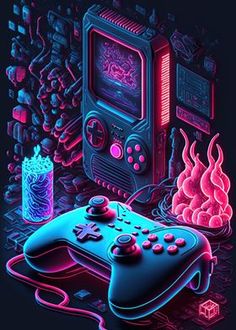 an image of a video game console with neon colors on the screen and controllers next to it