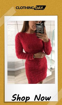 Women's Long Sleeve Scoop Neck Plush Seawter Midi Dress Chic Crew Neck Mini Dress For Party, Chic Mini Dress With Crew Neck For Party, Fitted Crew Neck Mini Dress For Party, Crew Neck Mini Dress For Night Out In Fall, Fall Party Dress With Crew Neck, Winter Night Out Sheath Dress, Red Long Sleeve Sweater Dress For Party, Elegant Crew Neck Mini Dress For Party, Spring Bodycon Dress With Crew Neck For Party