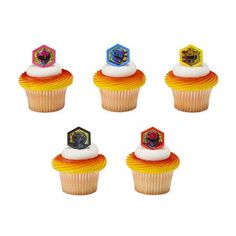 six cupcakes with frosting and designs on them are arranged in the shape of hexagonal figures