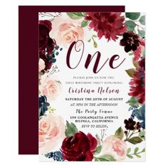 a wedding card with flowers and the word one on it in red, white, and pink