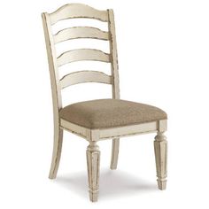 a white chair with a tan seat cushion on it's back and side, against a white background