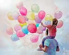 a watercolor painting of a boy holding balloons