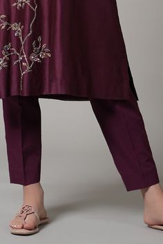 Purple chanderi kurta with placed sequin and bead embroidered blossom vine motifs. Comes with pant. - Aza Fashions Unstitched Chanderi Sequin Sets, Bollywood Style Fitted Pants With Dabka Work, Silk Pants With Resham Embroidery For Festive Occasions, Festive Silk Embroidered Bottoms, Festive Embroidered Silk Bottoms, Festive Silk Bottoms With Embroidery, Eid Bottoms With Dabka Work On Straight Pants, Designer Chanderi Straight Pants, Chanderi Straight Pants