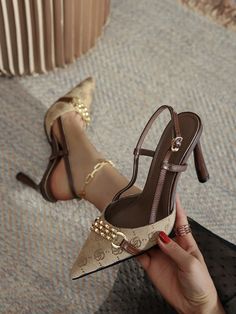 Brown  Collar     Embellished   Women Shoes Classy Women Shoes, Brown Heels Outfit Dressy, Pretty Heels Classy, Buisness Shoes, Fashion Shoes Heels Classy, Shein Heels, Cute Heels Classy, Stylish Shoes Heels, Burberry Heels