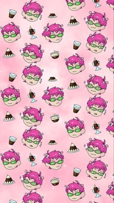 a pink wallpaper with many different faces and hair on it's face,