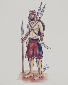 a drawing of a man holding two spears