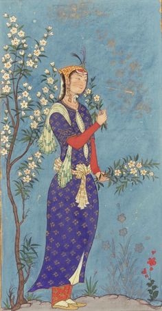 an old painting of a woman with flowers in her hand and a tree behind her