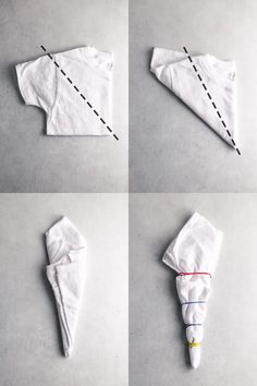 four pictures showing how to make an origami umbrella out of t - shirts