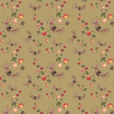 a floral pattern with peaches and leaves on a brown background