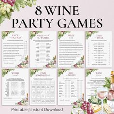 the 8 wine party games are on display in front of a pink background with flowers