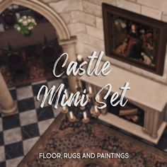 an aerial view of a living room and fireplace with the text castle mini set floor, rugs and paintings