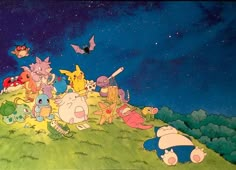 an image of pokemon in the night sky with bats and other animals around them on a hill