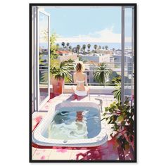 a painting of a woman sitting in a jacuzzi looking out the window at palm trees