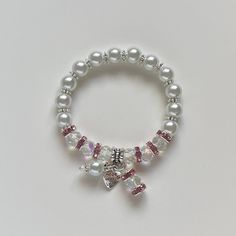 ✿ Made with glass pearl beads and metal accents ✿ Pearlescent white, pink, silver, and iridescent clear ✿ The bracelet is strung with elastic Stolen Image, Pearls Bracelet, Summer Bracelets, Star Bracelet, Pretty Bracelets, Metal Accents, Flower Bracelet, Phone Charm, Metallic Accents