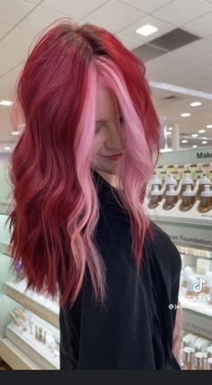 Pink Hair For Dark Hair, Red And Light Pink Hair, Dark And Light Pink Hair, Half Pink Half Red Hair, Pink And Red Hair Dye, Light And Dark Pink Hair, Red And Pink Split Dye, Valentine Hair Color, Red Hair With Pink Money Piece