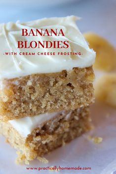 two pieces of banana blondies with cream cheese frosting