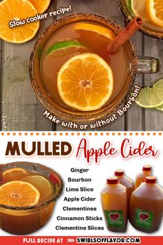 an advertisement for mulled apple cider with orange slices and cinnamon sticks on the side