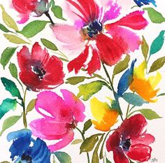 watercolor painting of colorful flowers on white paper