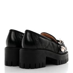 This is an authentic pair of GUCCI Nappa Cordovan Lux GG Matelasse Buckled Platform Lug Sole 60mm Loafers size 36.5 in Black. These loafers are crafted of smooth black leather. They feature embroidered GG logo motifs, strap, a rounded toe, and a block heel. Gg Logo, Gucci Shoes, Lug Sole, Block Heels, Dust Bag, Black Leather, Loafers, Buckle, Gucci