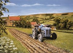 a painting of an old blue tractor driving down a dirt road in front of a farm