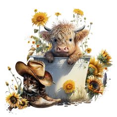 a painting of a cow with sunflowers and cowboy boots on it's head