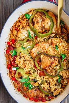 one pot greek chicken and orzo with peppers