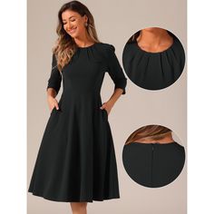 Women's elegant work dress, is a timeless and sophisticated choice for your professional wardrobe. The 3/4 sleeves and pleated round neck add a touch of elegance to this A-line swing midi dress. Designed with comfort in mind, it allows for ease of movement while maintaining a polished look. Perfect for important meetings or a day at the office, this dress effortlessly combines style and professionalism. Elevate your work attire with this versatile and chic piece that will make you feel confident Half Sleeve Midi Dress For Formal Occasions, Pleated 3/4 Sleeve Dresses For Workwear, Midi Dress For Workwear With 3/4 Sleeve, Solid Color 3/4 Sleeve Midi Dress For Work, Midi Dress For Work With 3/4 Sleeves, Solid Midi Dress With 3/4 Sleeve For Work, Pleated Dress With 3/4 Sleeve For Work, Pleated Workwear Dress With 3/4 Sleeve, Elegant Solid Color Half Sleeve Midi Dress