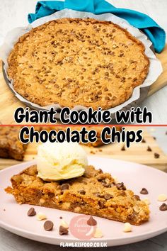 a close up of a pie on a plate with ice cream and chocolate chips in the background