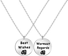 You and your BFF or partner can finally share your sarcasm with these Schitt’s Creek inspired necklaces. Have a relationship like David and Stevie’s? These are for you.     This necklace engraved ”best wishes” and “warmest regards” on it , along with a stamped rose. Perfect gift for your best friends,couple..     Material: Stainless steel, it is lead free and nickel free. Stainless Steel is hypo allergenic, it doesn’t rust, change color or tarnish.     PACKAGE Necklace will come beautifully p... Friends Couple, Best Friend Couples, Best Friend Jewelry, Jewelry Quotes, Couple Necklaces, Bff Gifts, Wellness Gifts, Engraved Necklace