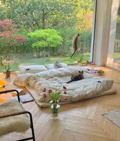 a cat laying on top of a bed in a living room next to a window