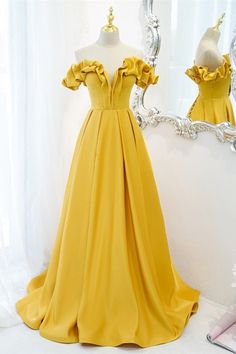 Off the Shoulder Yellow A-line Long Formal Dress Prom Dresses Elegant, Formal Occasion Dress, Prom Dresses Yellow, Long Formal Dress, Banquet Dresses, Prom Dresses 2021, Yellow Satin, A Line Prom Dresses, Evening Dresses Elegant