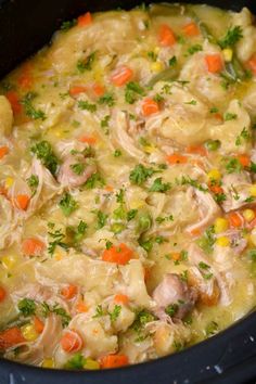 a crock pot filled with chicken, dumplings and veggies in broth