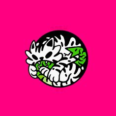 an image of two cats playing with each other on a bright pink background in the shape of a circle