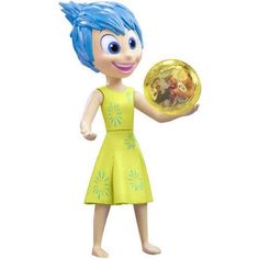 a doll with blue hair holding a gold plate