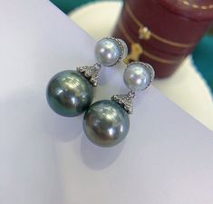 Stunning Tahitian Black Green Pearls + Akoya Pearls Earrings,  6.2-11.1mm, Intense Black Green Color and light Gray Color, High Luster.   Super Value  Pearls ★ Genuine Golden Tahtian Pearls, Akoya Pearls,  saltwater ★ Size: 6.2-11.1mm  ★ Shape: Round / Near Round ★ Color:  Natural untreated, Intense Green Color, Beautiful Light Gray Color ★ Luster: Nice, High luster ★ Surface: Mirror Like, Mostly Clean, lightly spotted, minor imperfections not visible when wear  Earrings ★ Findings: Sterling Sil Black Green Color, Double Pearl Earrings, Akoya Pearl Earrings, Light Gray Color, Pearls Earrings, Green Pearls, Jewel Box, Akoya Pearls, Earring Findings