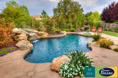 an outdoor pool with rocks and water features