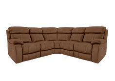 a brown leather sectional sofa with two reclinings on the back and one arm