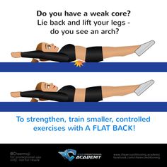 a woman doing an exercise with the text do you have a weak core? lie back and lift your legs - do you see an arch?