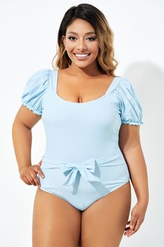 Blue Back Tie Short Sleeve One Piece Swimsuit Beach Bodysuit With Short Sleeves, Solid Color Short Sleeve Bodysuit For Beach, Swimsuits One Piece, Beach Getaway, Tie Shorts, Ruffled Neckline, Blue Back, Swimsuit Models, Swim Wear