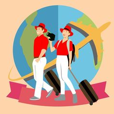 two men in red shirts and white pants are standing next to each other with luggage