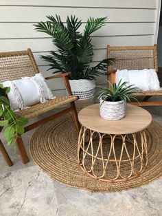 two chairs and a table with plants in them