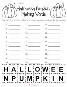 halloween pumpkin making words worksheet for kids to practice numbers and spelling the word