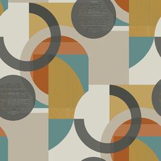 an abstract pattern with circles and lines in shades of brown, blue, green, yellow