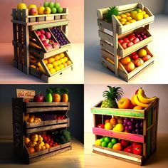 three pictures of different types of fruit stacked on top of each other in wooden crates