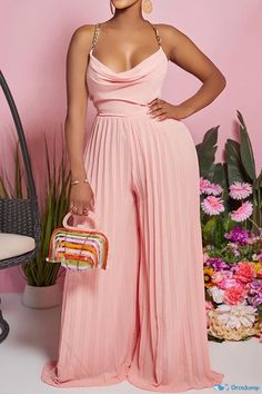 OrcaJump - Wide Leg Halter Jumpsuit with Open Back and No Sleeves Collar Jumpsuit, Pleated Jumpsuit, Refined Fashion, Loose Jumpsuit, Halter Jumpsuit, Backless Jumpsuit, Pink Jumpsuit, Women Halter, Type Of Pants